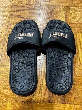 Puma Black Slides Slippers with Metallic Gold Logo Size 6